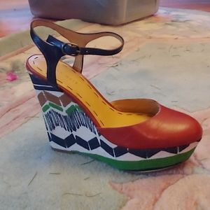 Nine West Platform Wedges Brown Green Black Cream